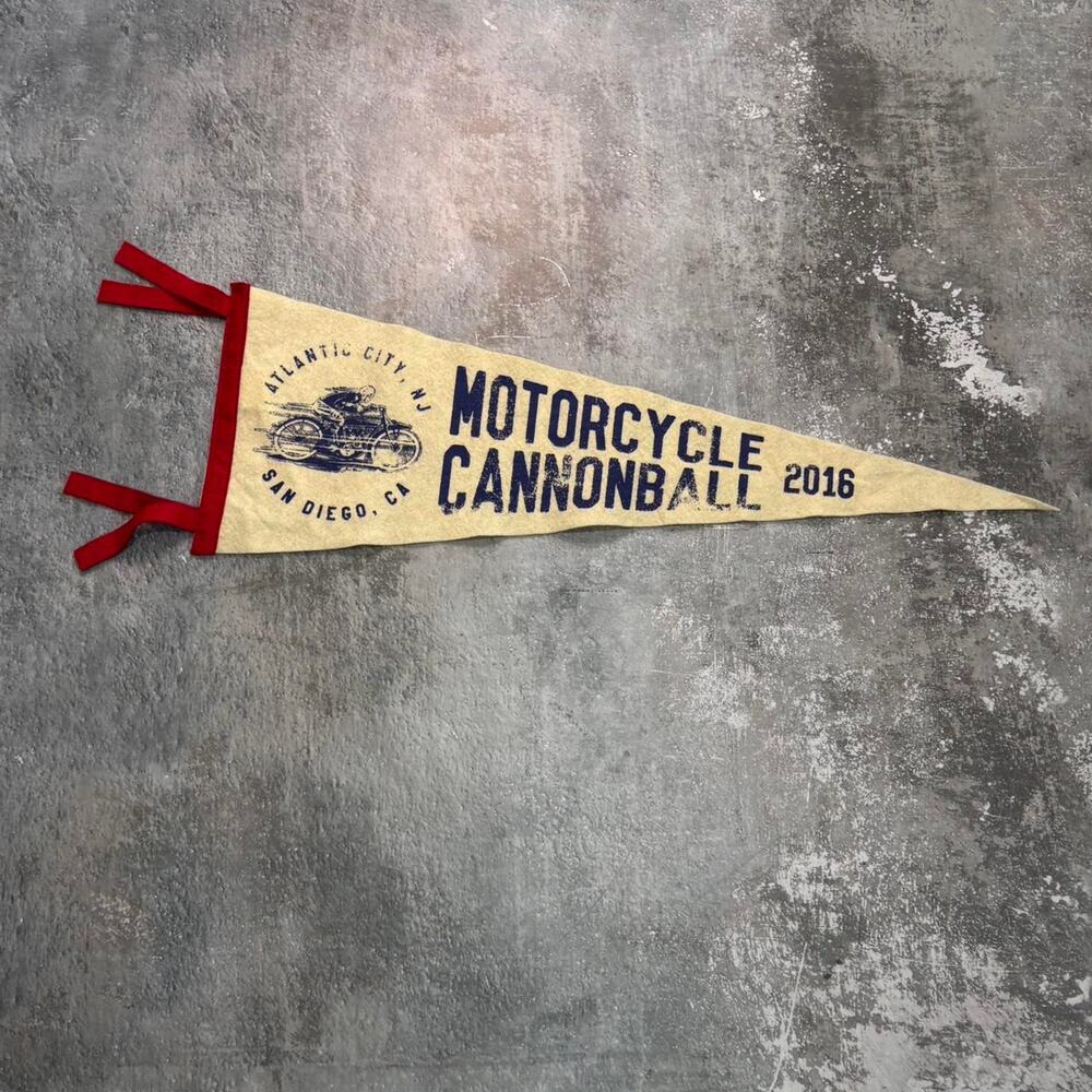 Cream & Red Motorcycle Cannonball Oxford Pennant! Atlantic City to San Diego.